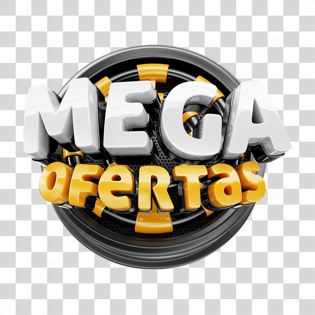 Mega Ofertas Selo 3D Branco e Amarelo para Composição PNG Transparente