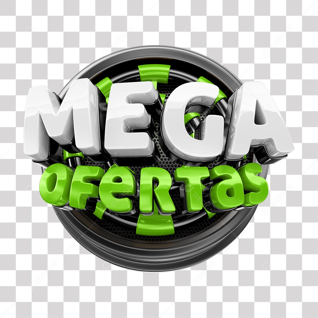 Mega Ofertas Selo 3D Branco e Verde para Composição PNG Transparente