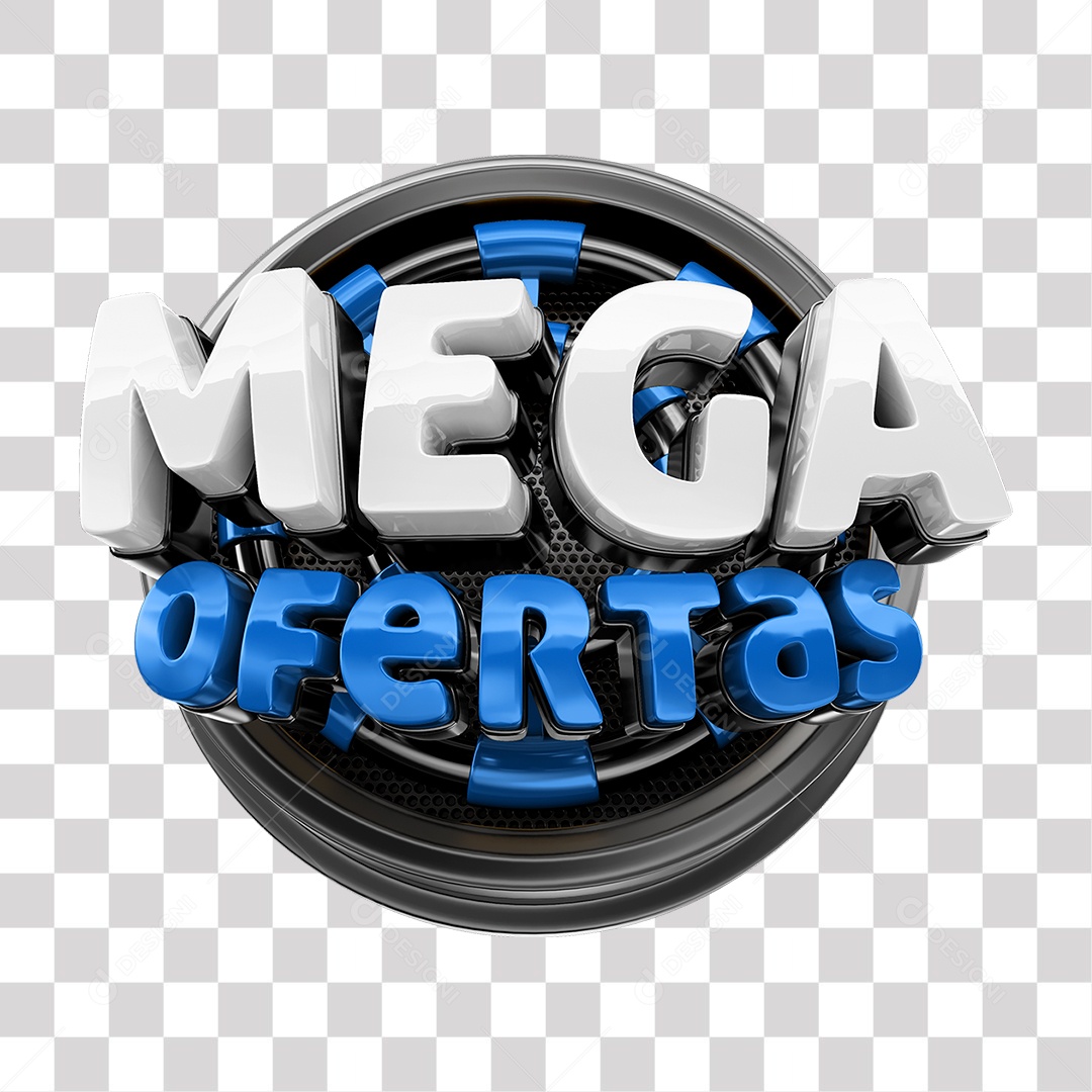 Mega Ofertas Selo 3D Branco e Azul para Composição PNG Transparente