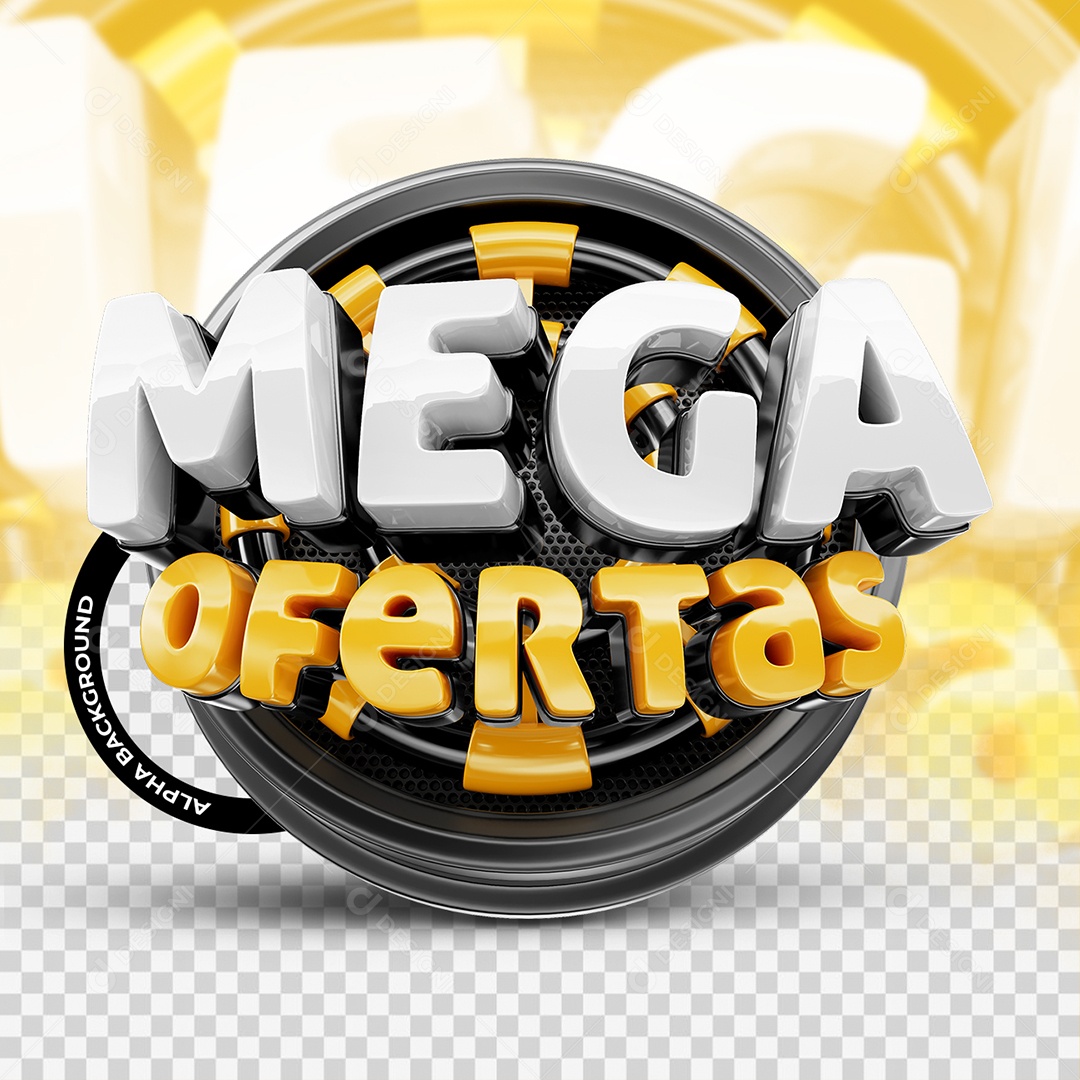 Mega Ofertas Selo 3D Branco e Amarelo para Composição PSD