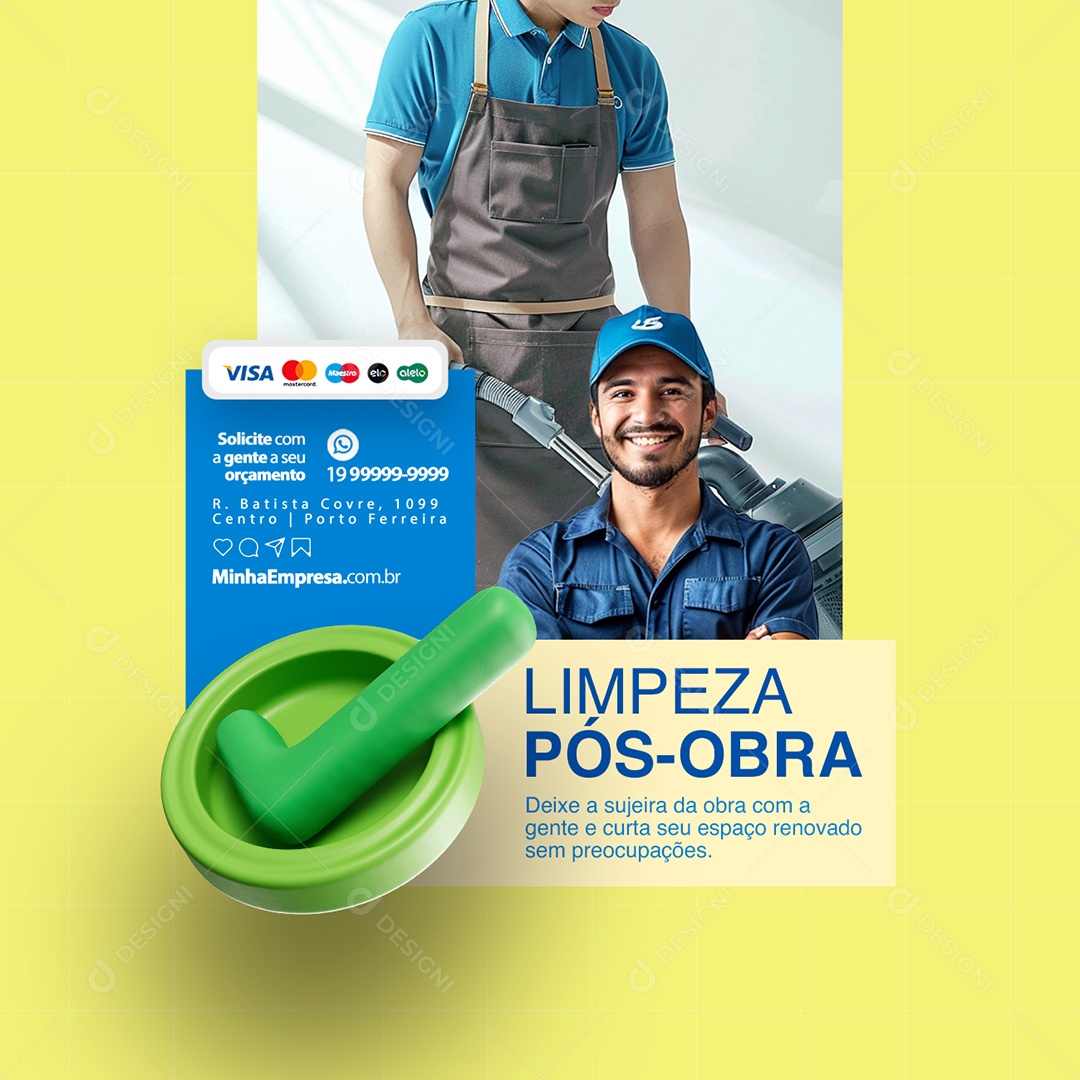 Serviços Gerais Limpeza Pós-Obra Solicite com a Gente Social Media PSD Editável