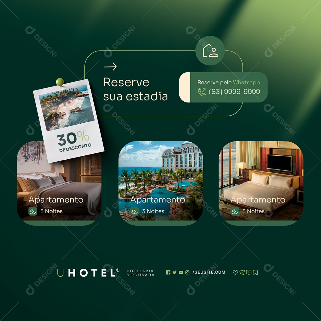 Hotelaria e Pousada Reserve sua Estadia 30% de Desconto Social Media PSD Editável
