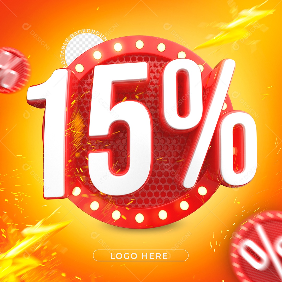 Número 15% de Desconto Branco e Vermelho Elemento 3D PSD + PNG