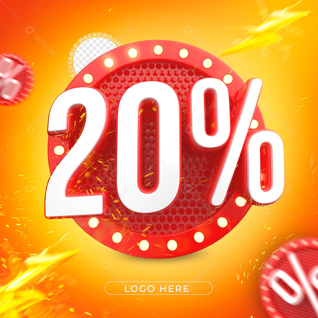 Número 20% de Desconto Branco e Vermelho Elemento 3D PSD + PNG