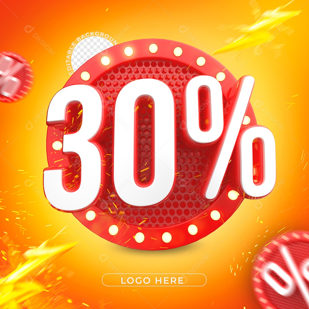Número 30% de Desconto Branco e Vermelho Elemento 3D PSD + PNG