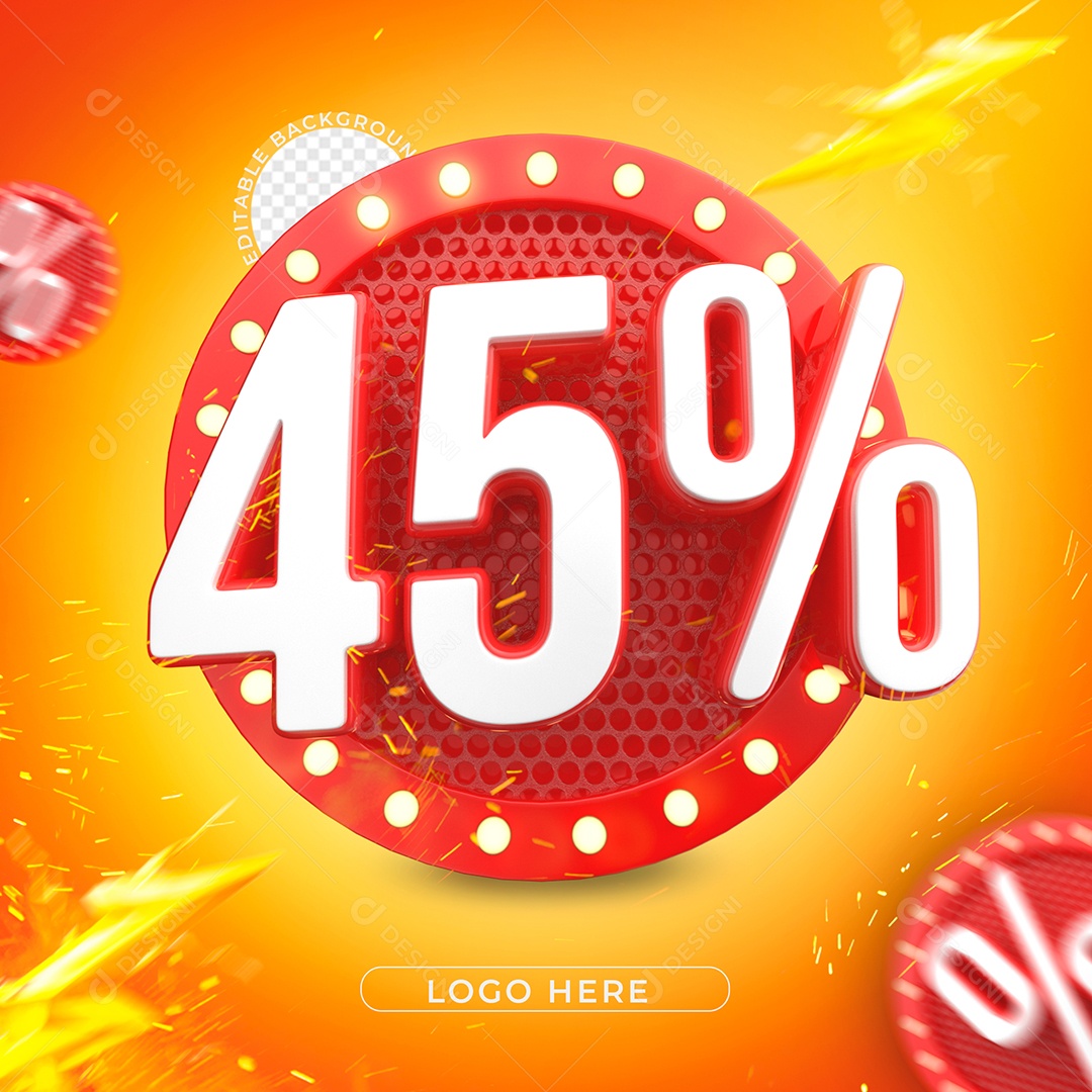 Número 45% de Desconto Branco e Vermelho Elemento 3D PSD + PNG