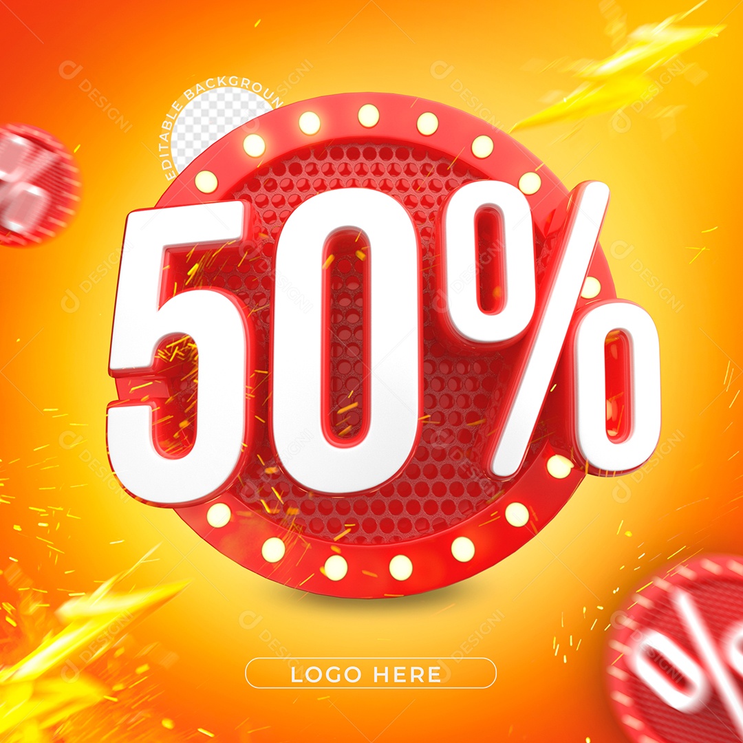Número 50% de Desconto Branco e Vermelho Elemento 3D PSD + PNG