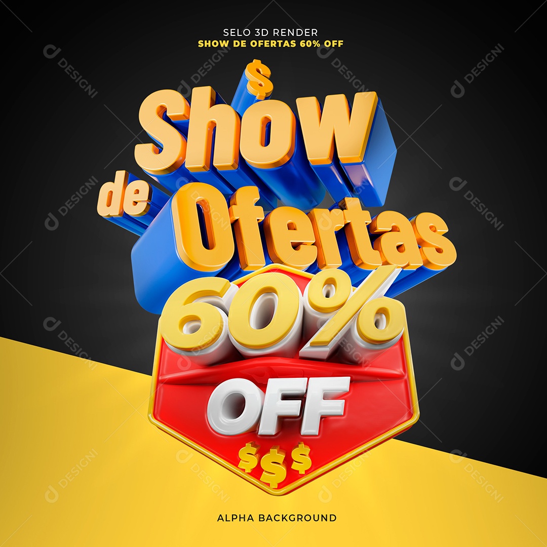Show de Ofertas 60% Off Selo 3D Azul Amarelo e Vermelho para Composição PSD