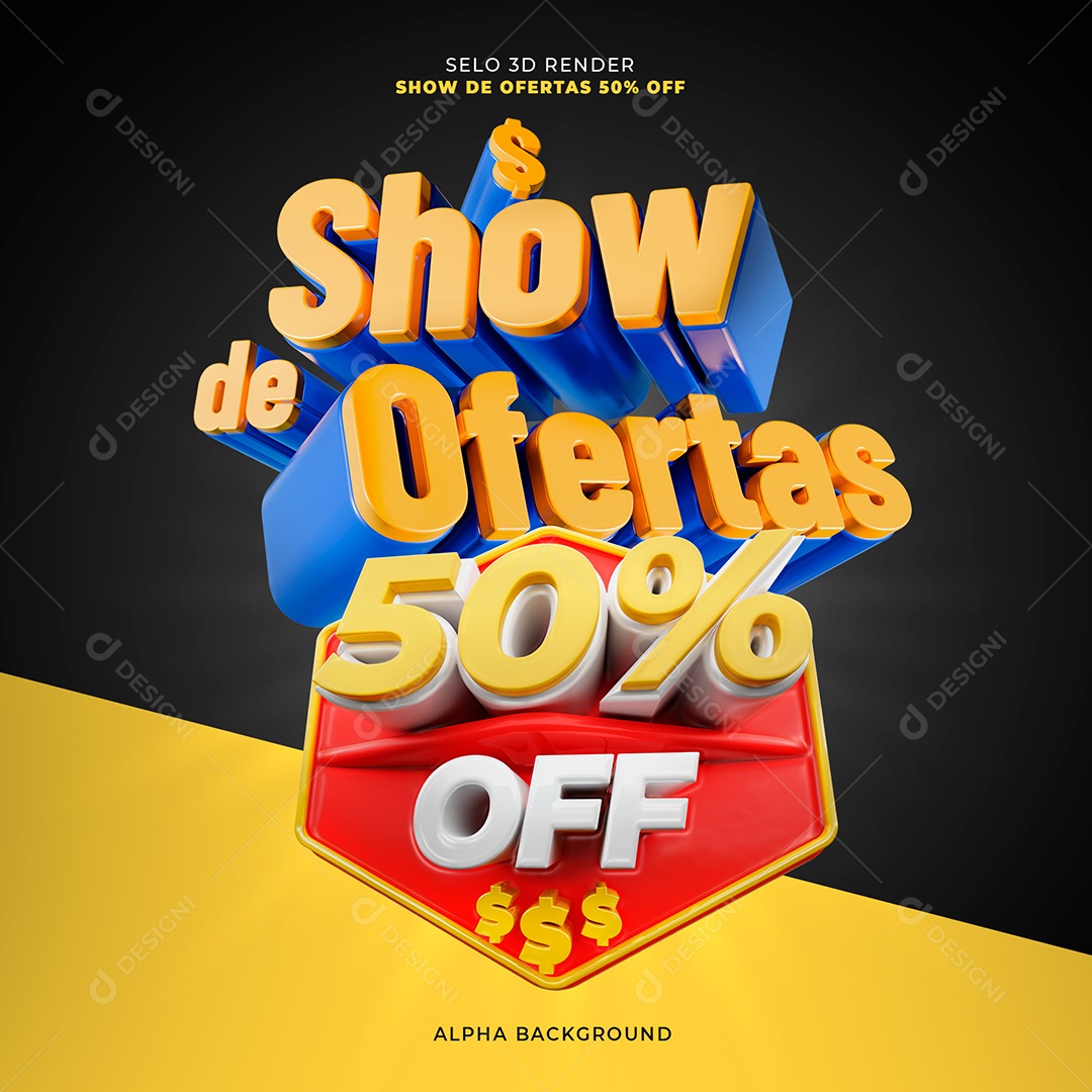 Show de Ofertas 50% Off Selo 3D Azul Amarelo e Vermelho para Composição PSD