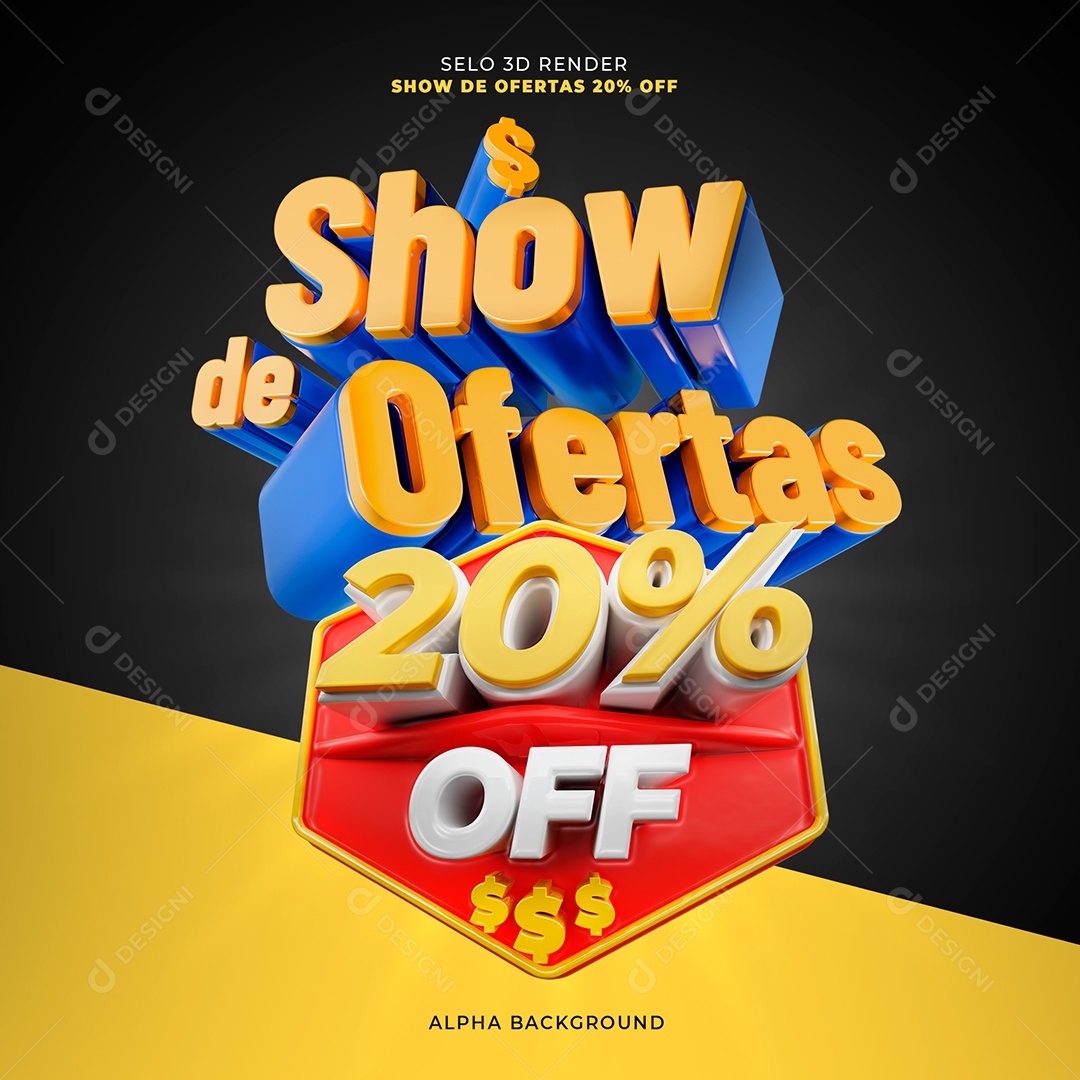 Show de Ofertas 20% Off Selo 3D Azul Amarelo e Vermelho para Composição PSD