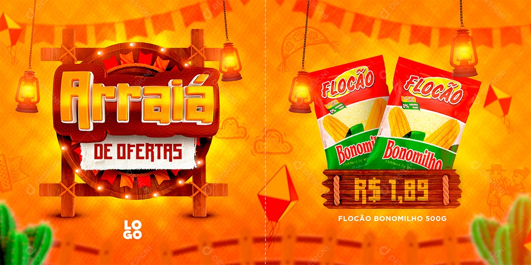Banner Supermercado Arraiá de Ofertas Flocão Bonomilho Social Media PSD Editável
