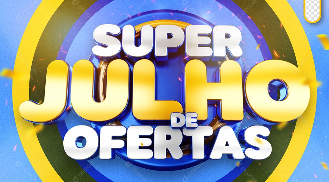 Super Julho de Ofertas Selo 3D Branco e Amarelo para Composição PSD