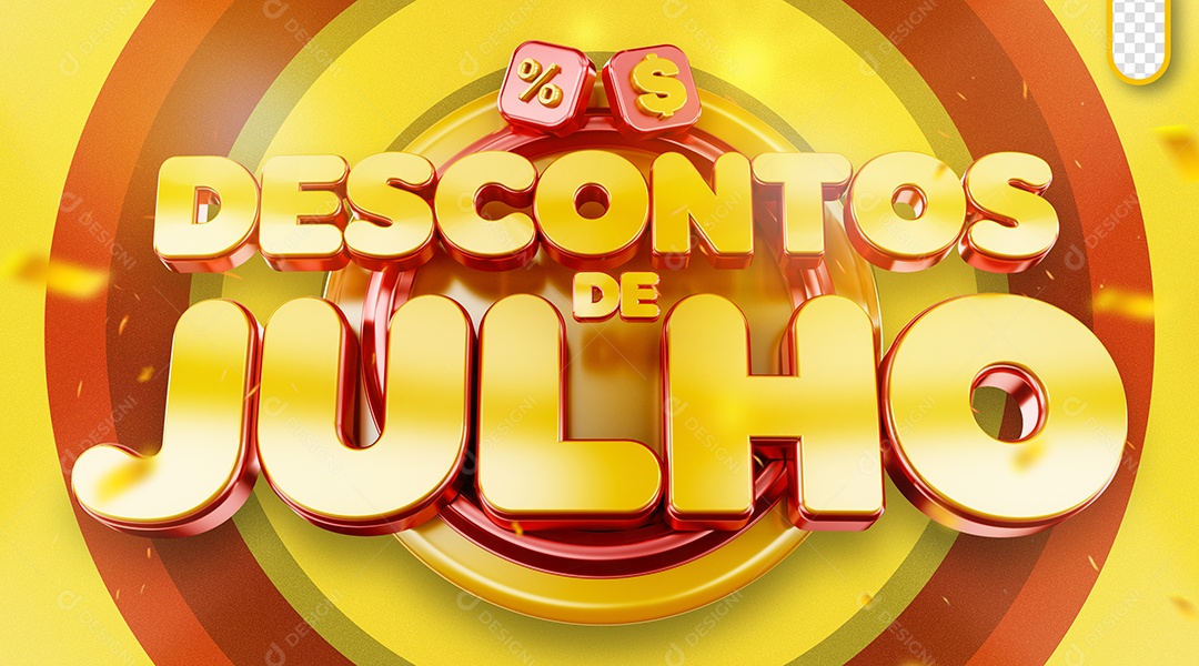 Descontos de Julho Selo 3D Amarelo e Vermelho para Composição PSD