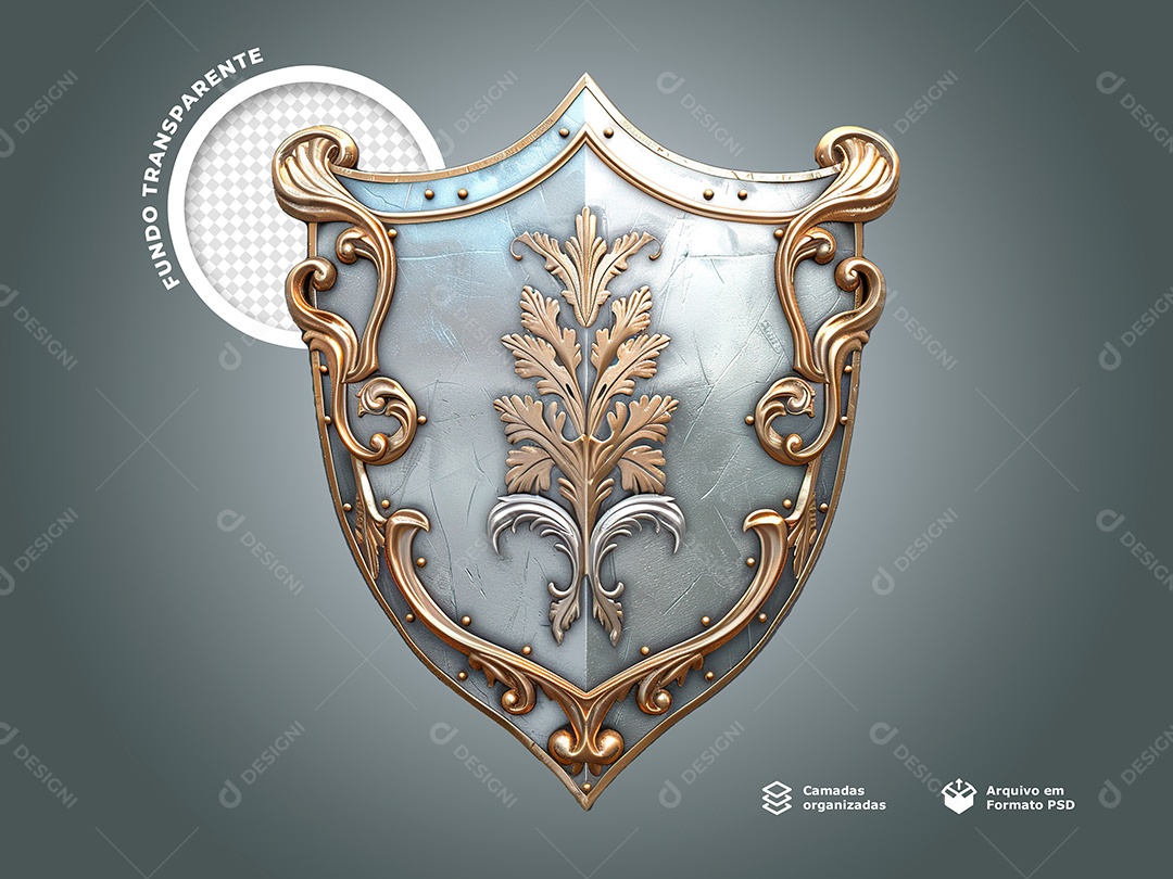 Escudo Base de Metal Elemento 3D Prata e Dourado para Composição PSD