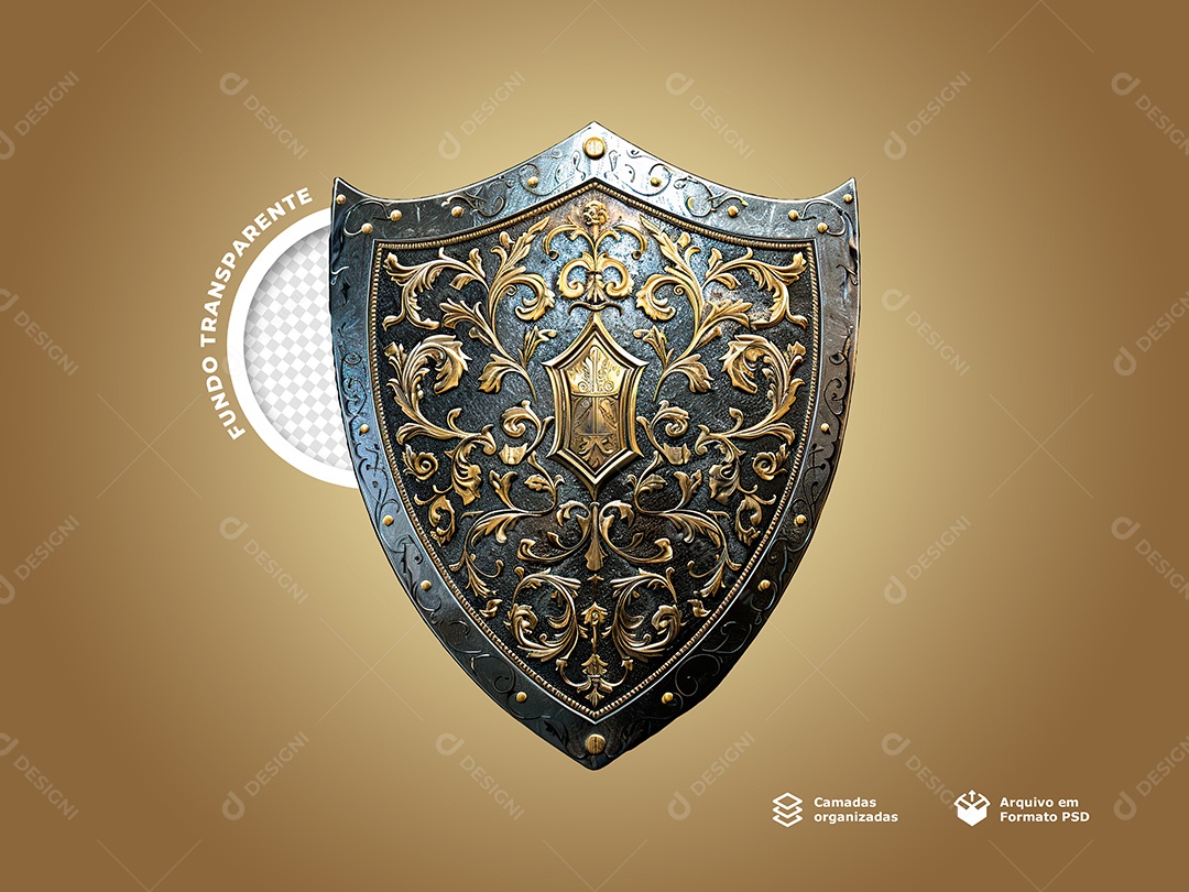 Escudo Prata e Dourado Elemento 3D para Composição PSD