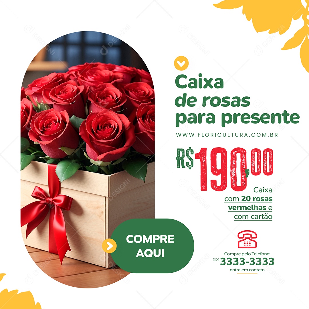 Floricultura Caixa de Rosas para Presente Social Media PSD Editável