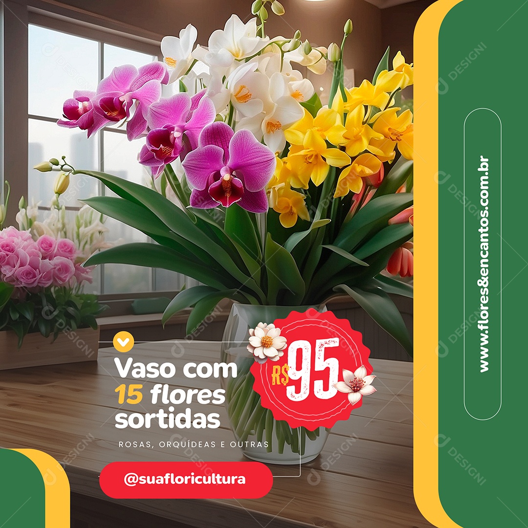 Floricultura Vaso com 15 Flores Sortidas Social Media PSD Editável