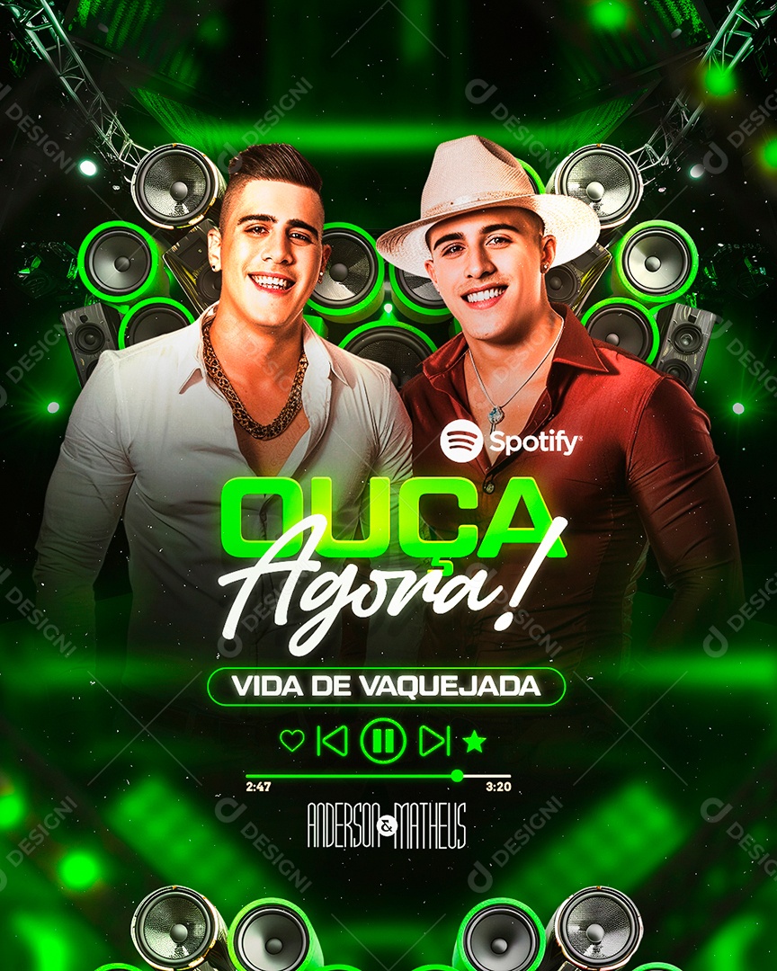 Flyer Ouça Agora Spotify Vida de Vaquejada Anderson e Matheus Social Media PSD Editável
