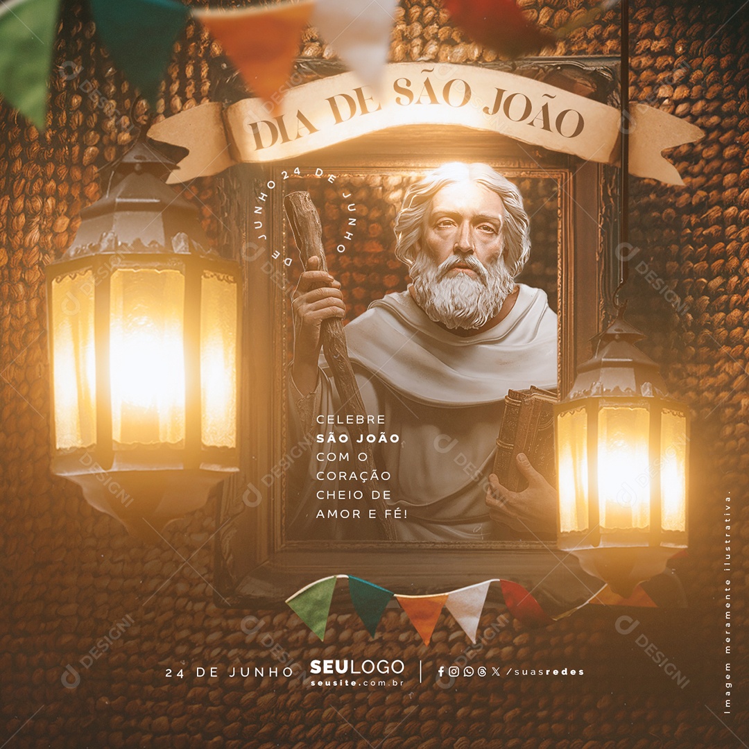 Dia de São João 24 de Junho Celebre com O Coração Cheio de Amor Social Media PSD Editável