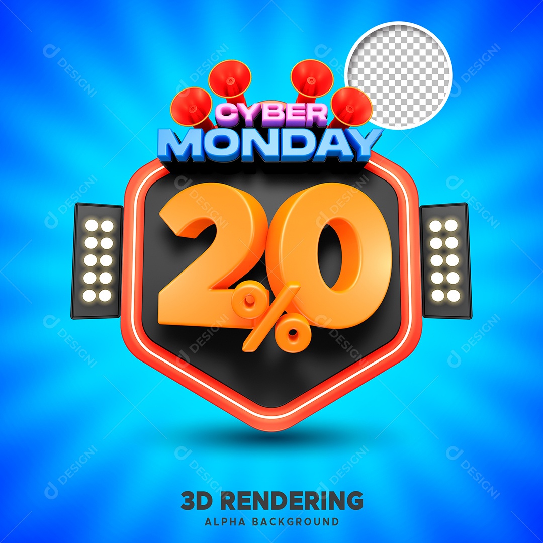 Selo 3D Cyber Monday 20% de Desconto Para Composição PSD