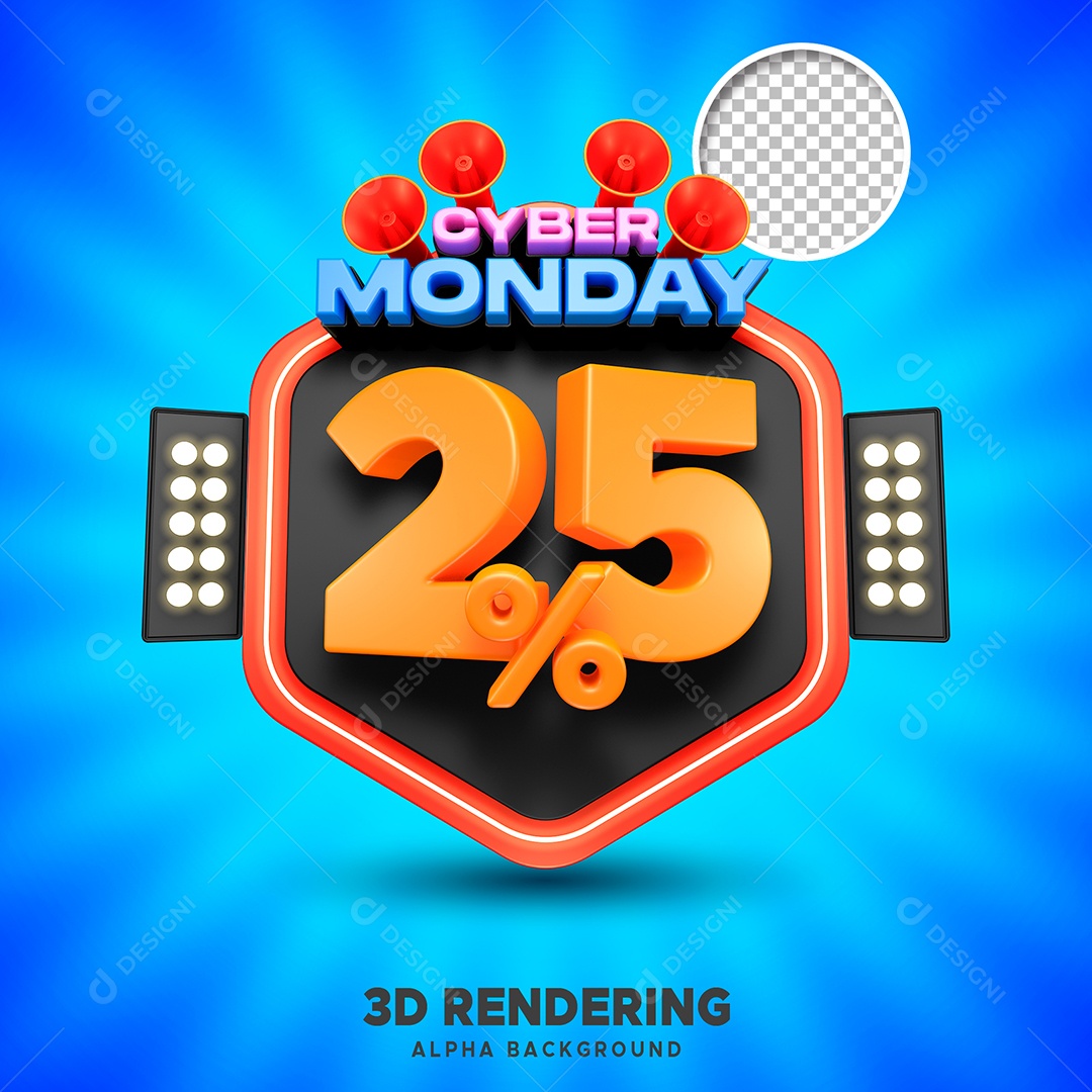 Selo 3D Cyber Monday 25% de Desconto Para Composição PSD