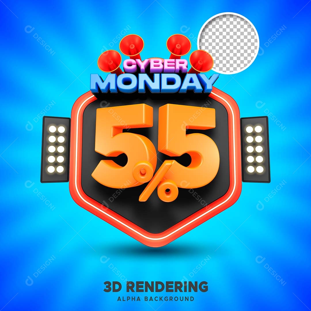 Selo 3D Cyber Monday 55% de Desconto Para Composição PSD