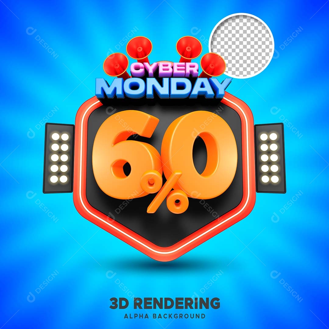 Selo 3D Cyber Monday 60% de Desconto Para Composição PSD