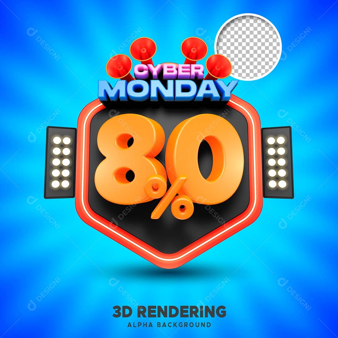 Selo 3D Cyber Monday 80% de Desconto Para Composição PSD