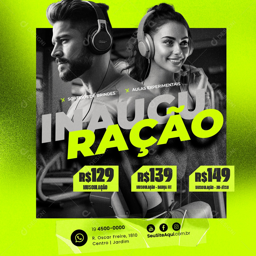 Inauguração Sorteios de Brindes Aulas Experimentais Social Media PSD Editável