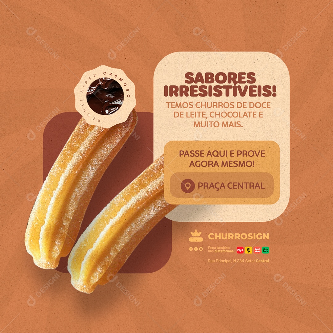 Sabores Irresistíveis Temos Churros de Doce Social Media PSD Editável