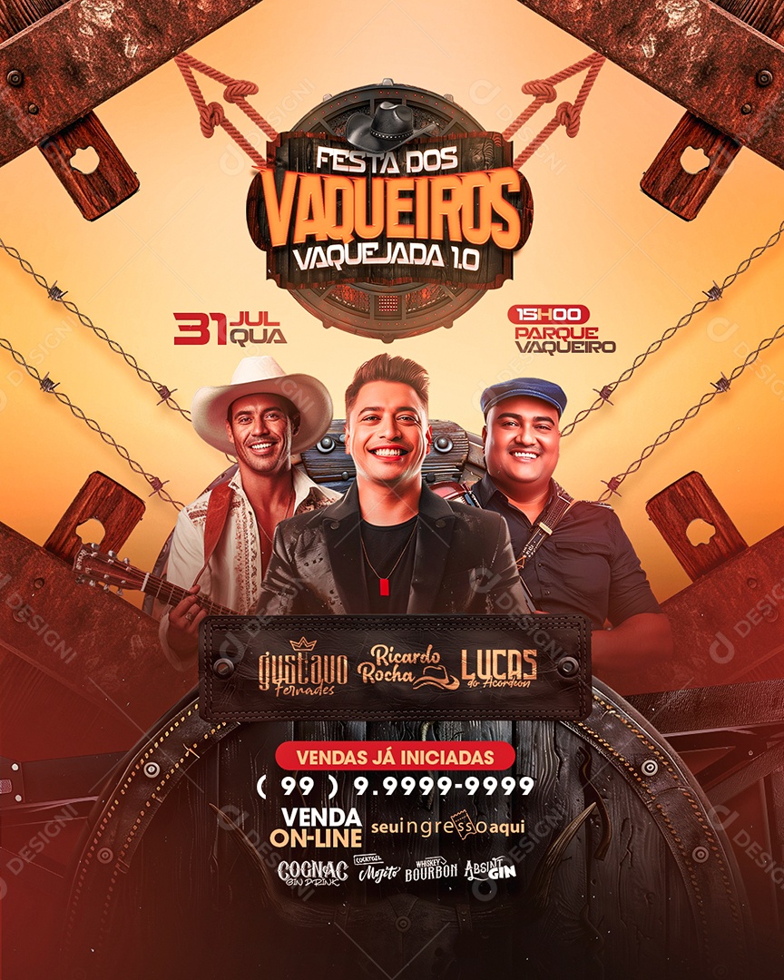 Flyer Festa do Vaqueiro Gustavo Fernandes Ricardo Rocha Lucas do Acordeon Social Media PSD Editável