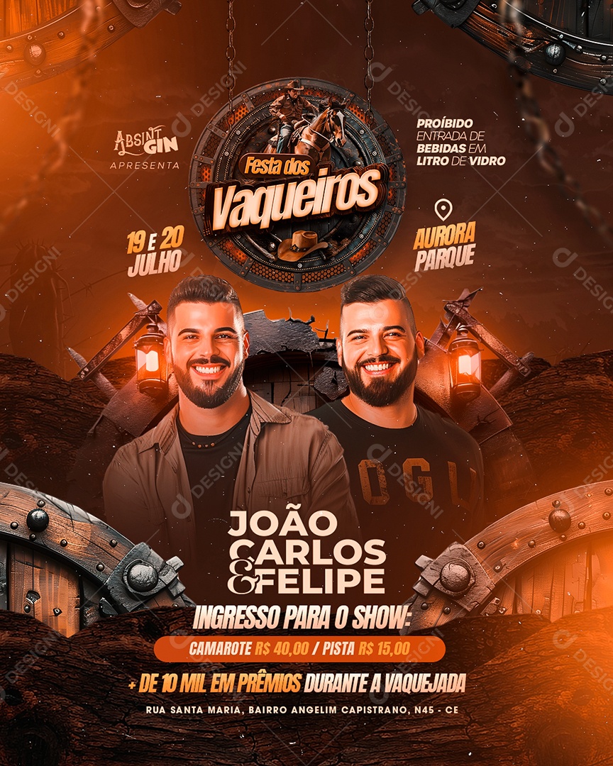 Flyer Festa dos Vaqueiros João Carlos e Felipe Social Media PSD Editável