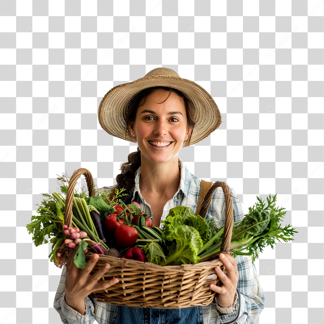 Mulher Fazendeira com Cesta de Frutas e Legumes PNG Transparente