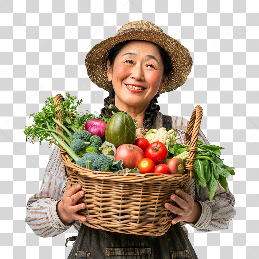 Mulher Fazendeira com Cesta de Frutas e Legumes PNG Transparente