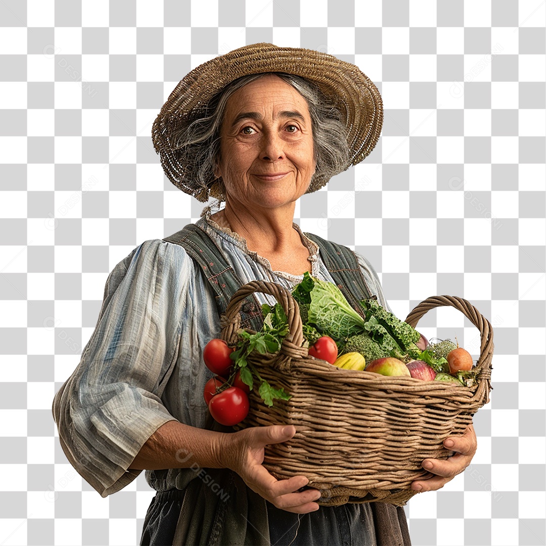 Mulher Fazendeira com Cesta de Frutas e Legumes PNG Transparente