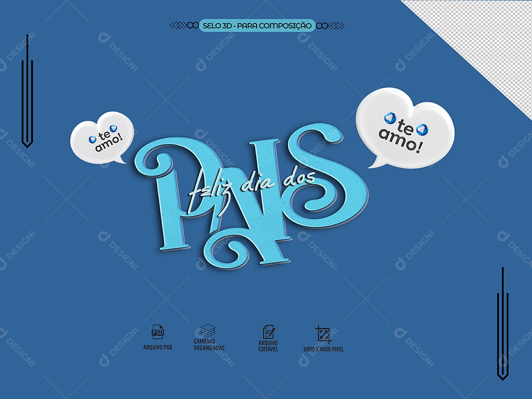 Feliz Dia dos Pais Selo 3D Azul para Composição PSD