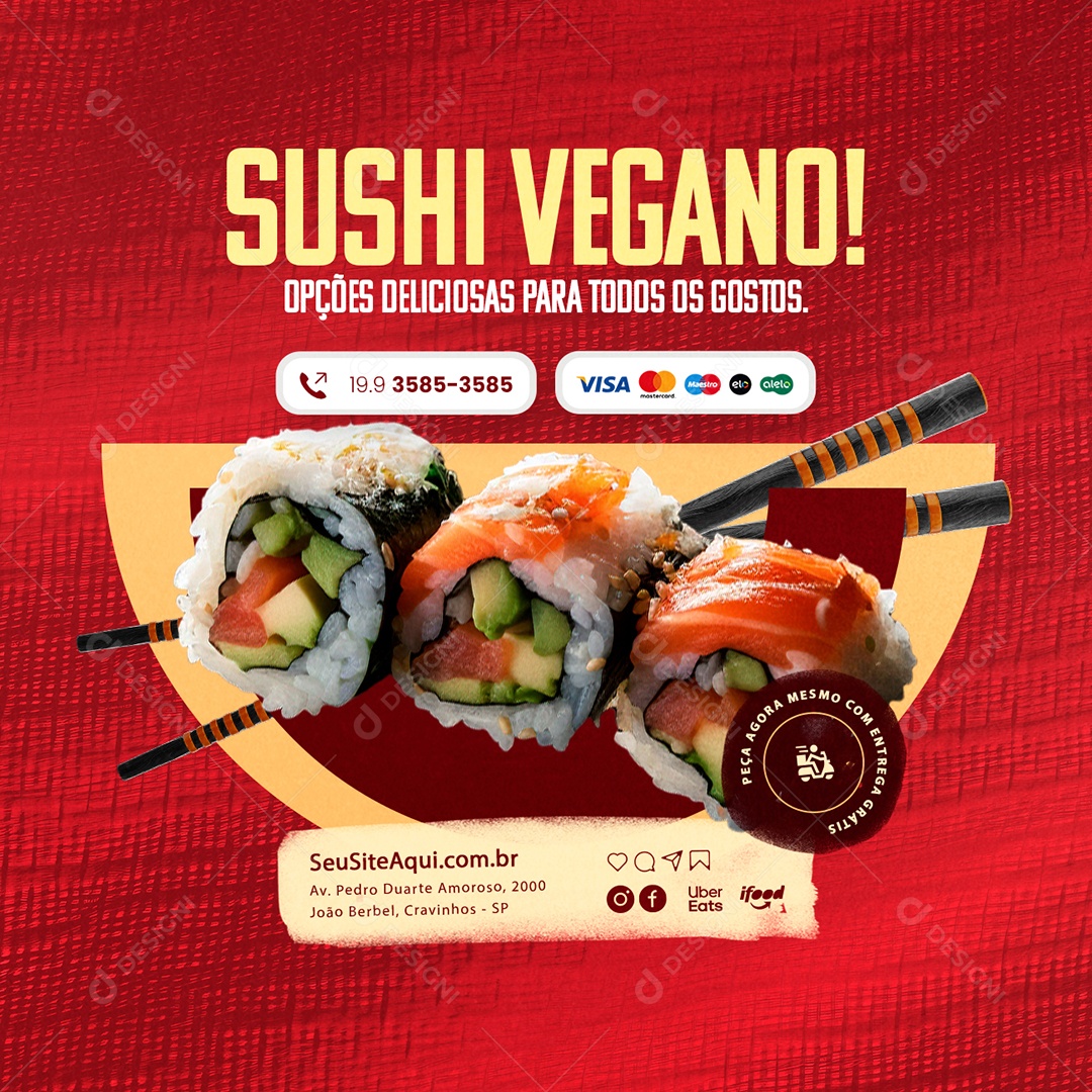 Sushi Vegano Opções Deliciosas para todos os Gostos Social Media PSD Editável