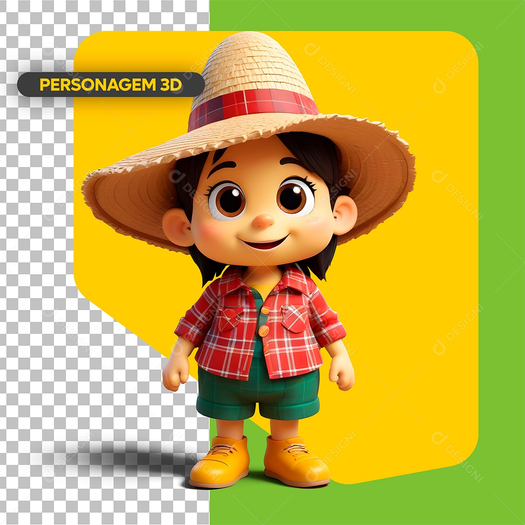 Elemento 3D Menina Fantasiado de Caipira Personagem de São João para Composição PSD