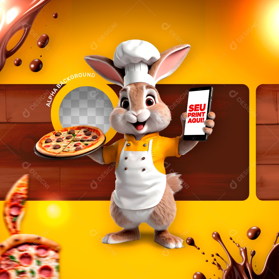 Coelho Pizzaiolo Com Celular Amarelo Pizzáscoa Festival de Pizza de Páscoa