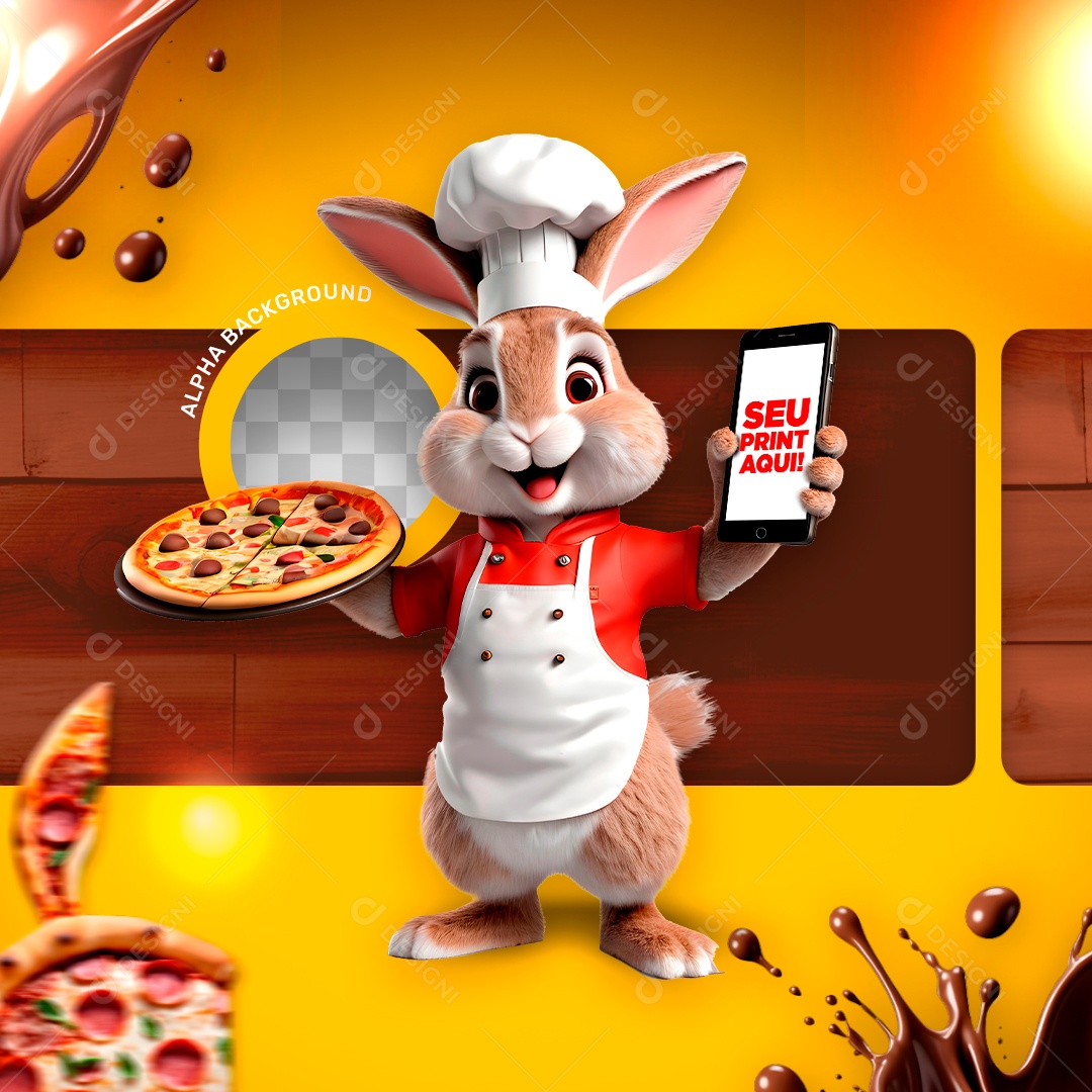 Coelho Pizzaiolo Com Celular Vermelho Pizzáscoa Festival de Pizza de Páscoa