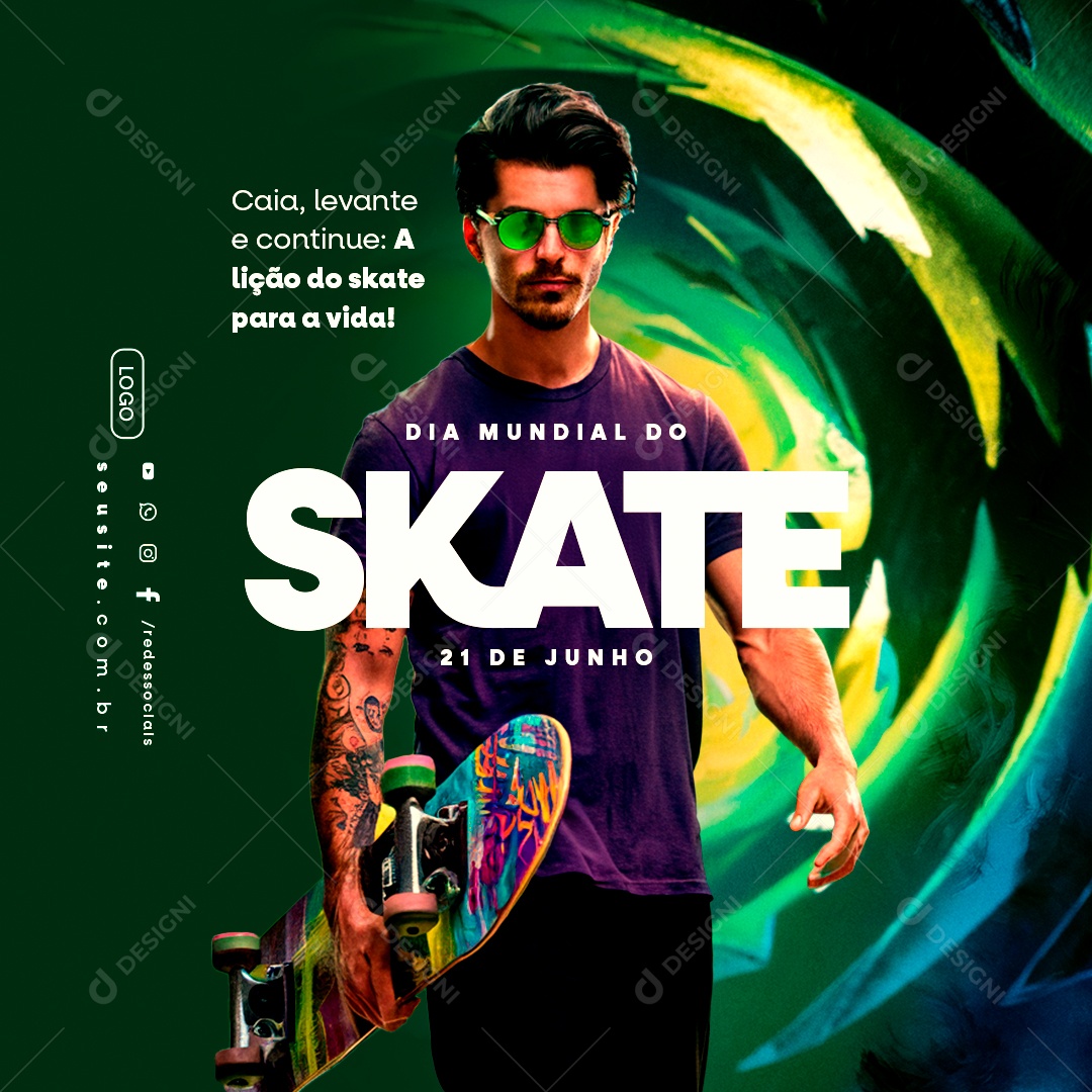 Dia do Skate 21 de Junho Caia Levante e Continue Social Media PSD Editável