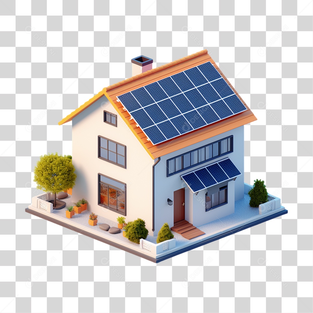 Elemento 3D Casa com Placa Solar PNG Transparente