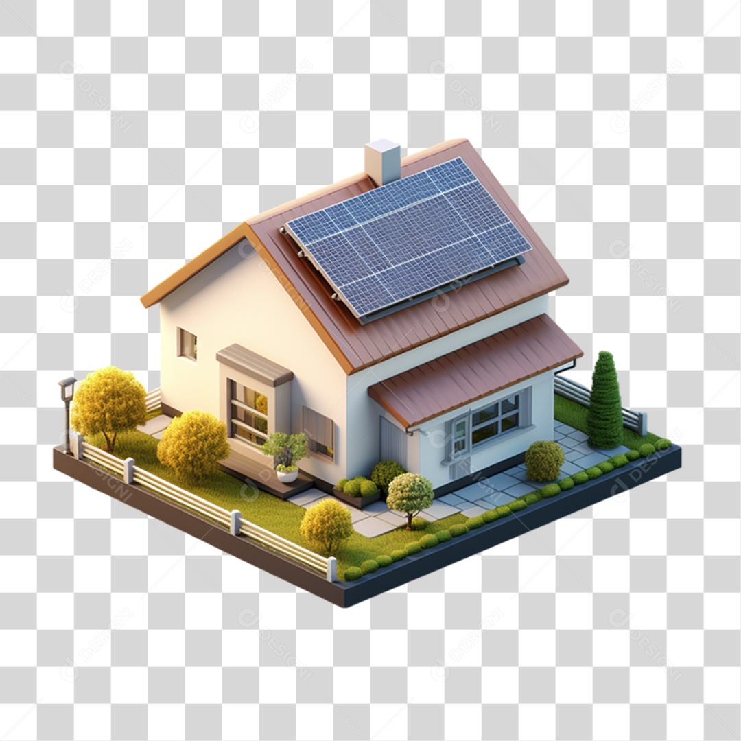 Elemento 3D Casa com Placa Solar PNG Transparente