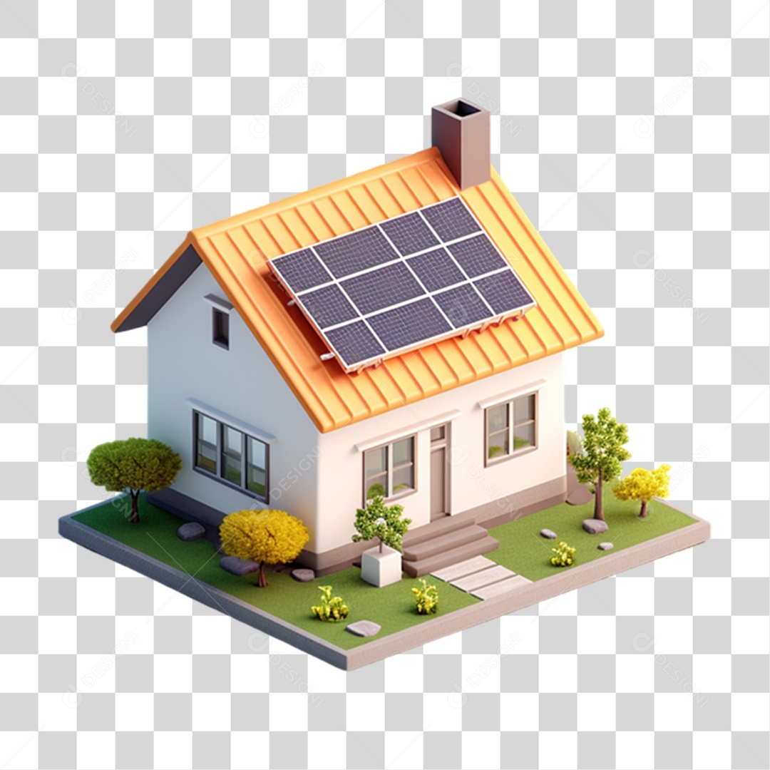Elemento 3D Casa com Placa Solar PNG Transparente