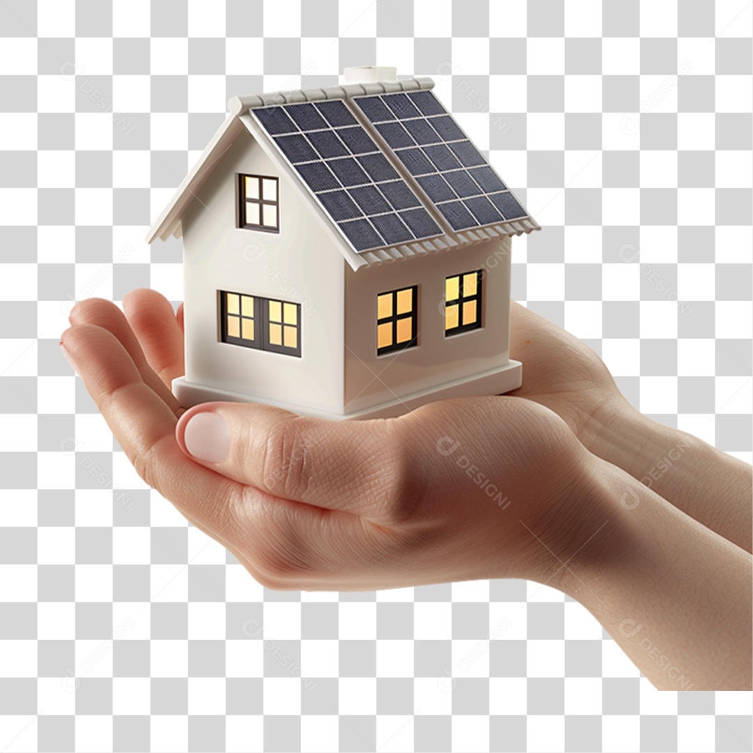 Elemento 3D Mãos Segurando Casa Com Placa Solar PNG Transparente