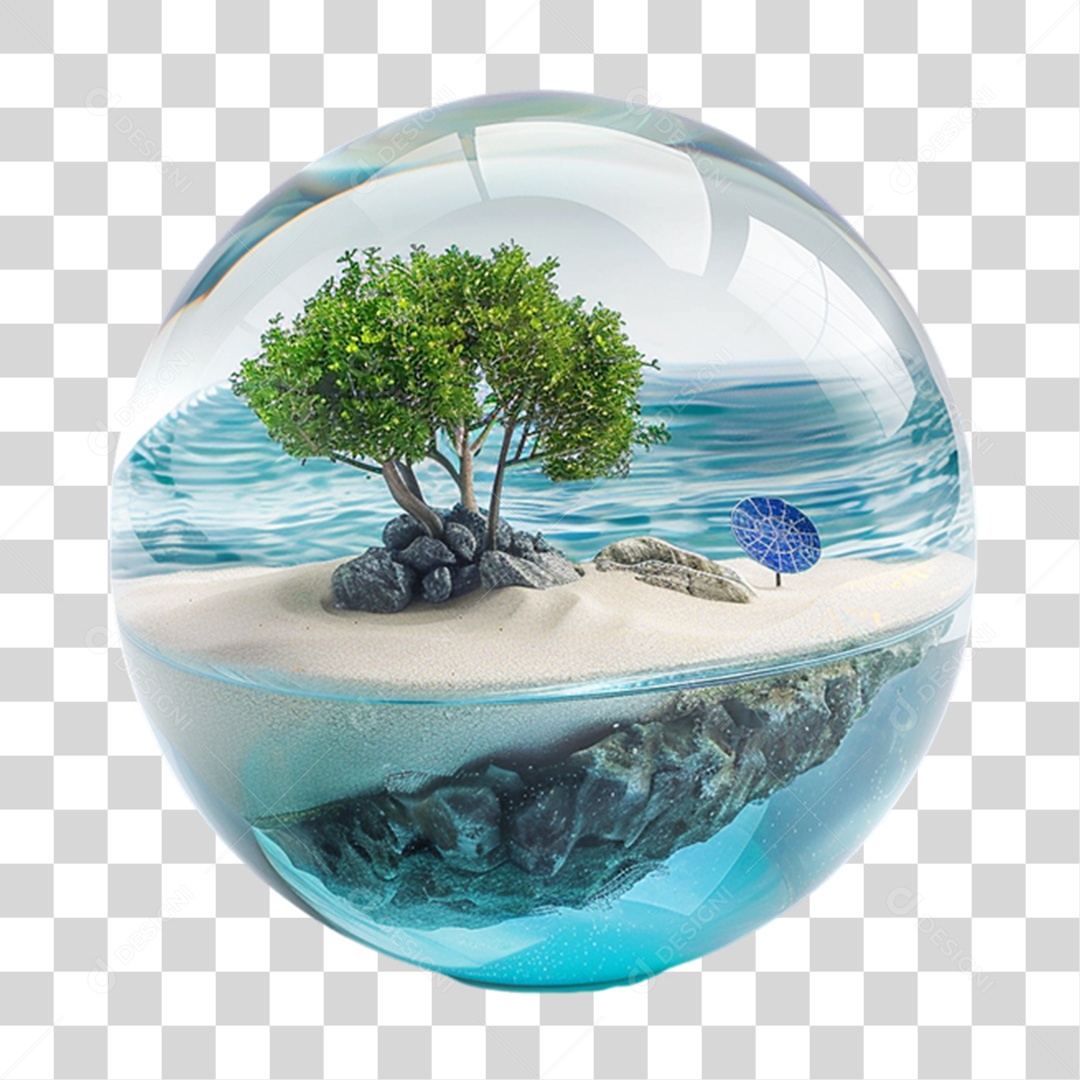 Elemento 3D Bola de Vidro com Ilha e Placa Solar PNG Transparente