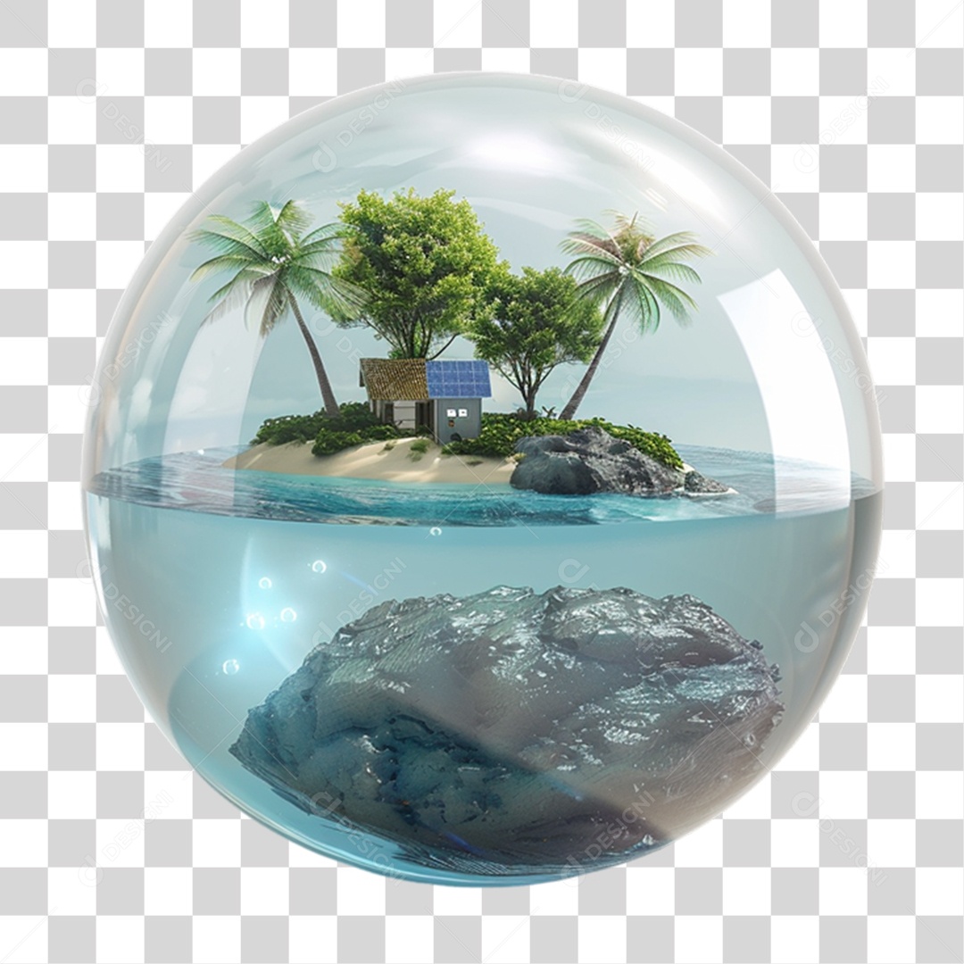 Elemento 3D Bola de Vidro com Ilha e Placa Solar PNG Transparente