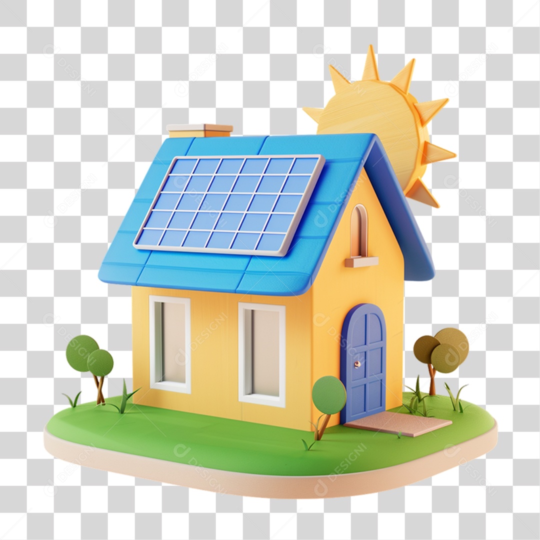 Elemento 3D Casa com Placa Solar PNG Transparente