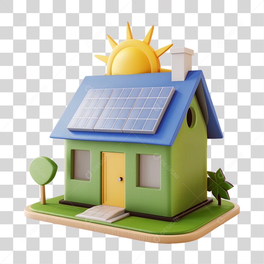 Elemento 3D Casa com Placa Solar PNG Transparente