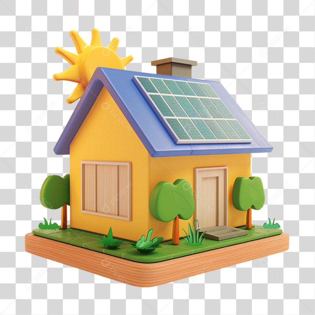 Elemento 3D Casa com Placa Solar PNG Transparente